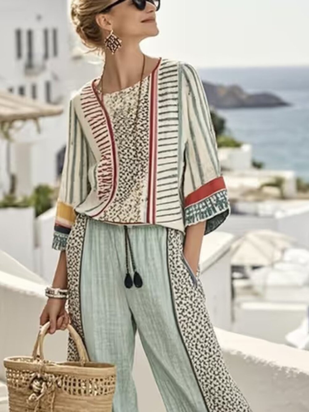 Women's Green Printed 2-Piece Pants Set – Boho Loose Fit Top & Pants Outfit
